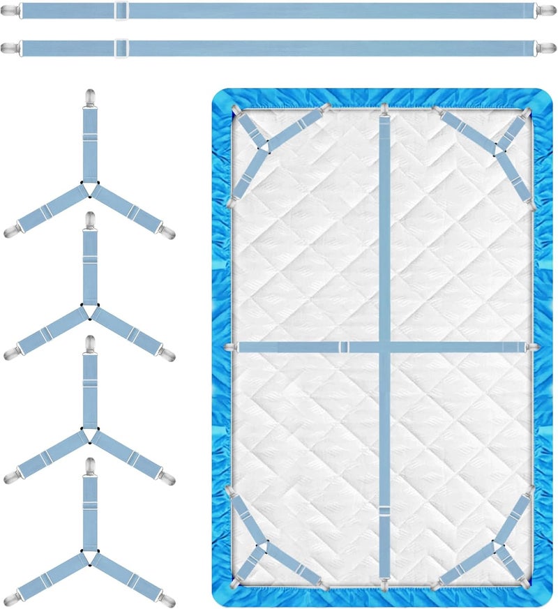Eiruseed Bed Sheet Holder Straps, 4+2 Pcs Adjustable Mattress Sheet Clips, Bed Sheet Fasteners Elastic Sheet Suspenders to Keep Bed Sheet in Place for Different Beds (Blue) - Image 1